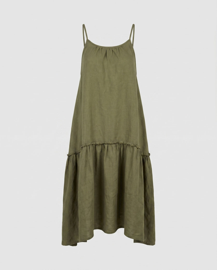 Kalia Airy Linen Maxi Dress with Ruffles in Olive Green