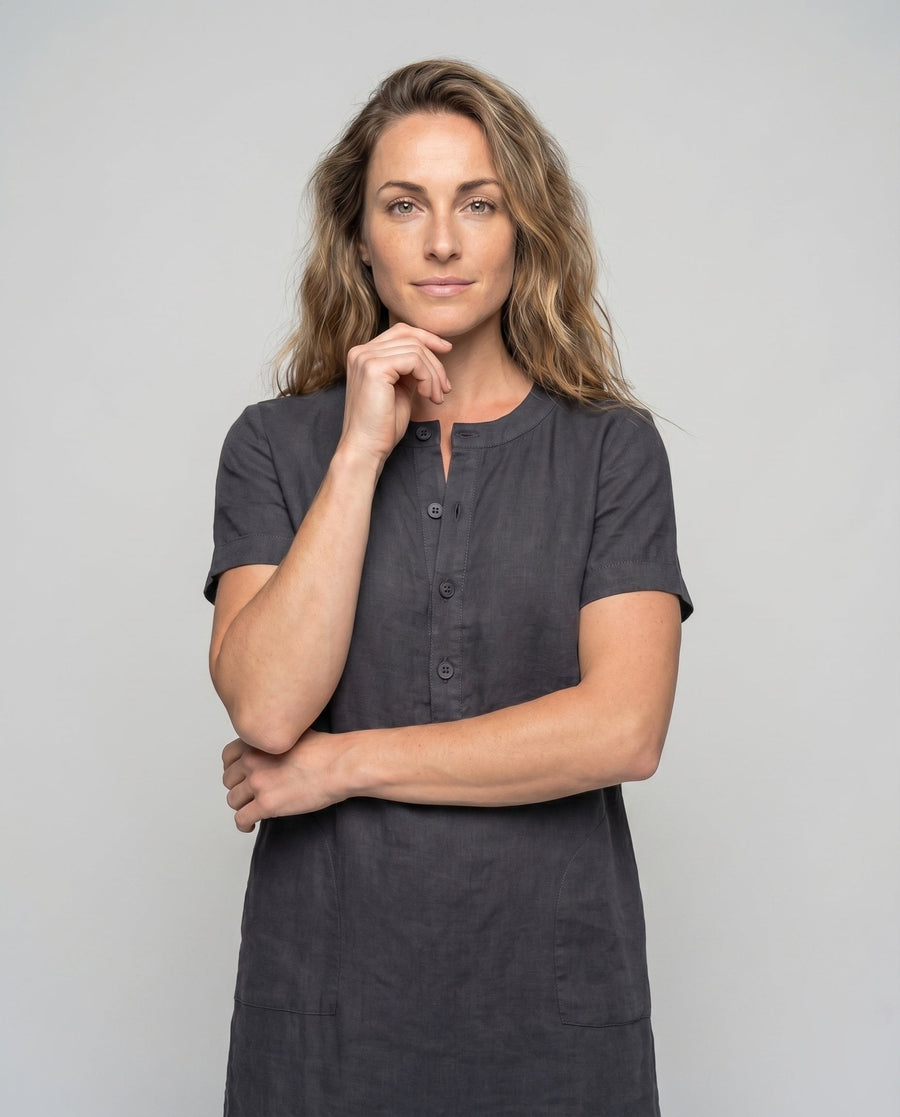 Kara Linen Dress with Stand Collar and Button Front