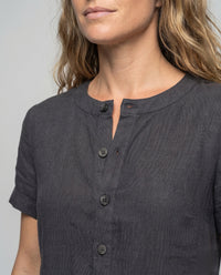 Kara Linen Dress with Stand Collar and Button Front