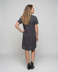 Kara Linen Dress with Stand Collar and Button Front