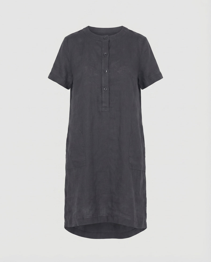 Kara Linen Dress with Stand Collar and Button Front in Grey