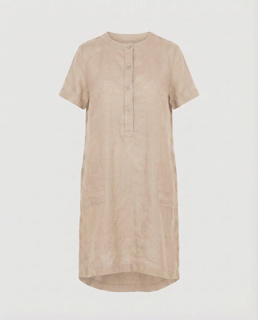 Kara Linen Dress with Stand Collar and Button Front in Khaki