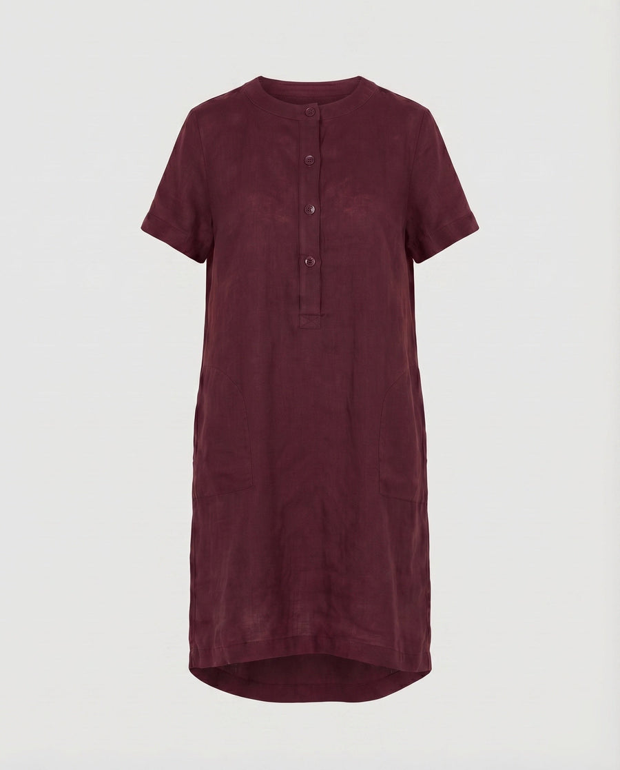Kara Linen Dress with Stand Collar and Button Front in Wine Red