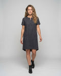Kara Linen Dress with Stand Collar and Button Front