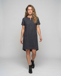 Kara Linen Dress with Stand Collar and Button Front