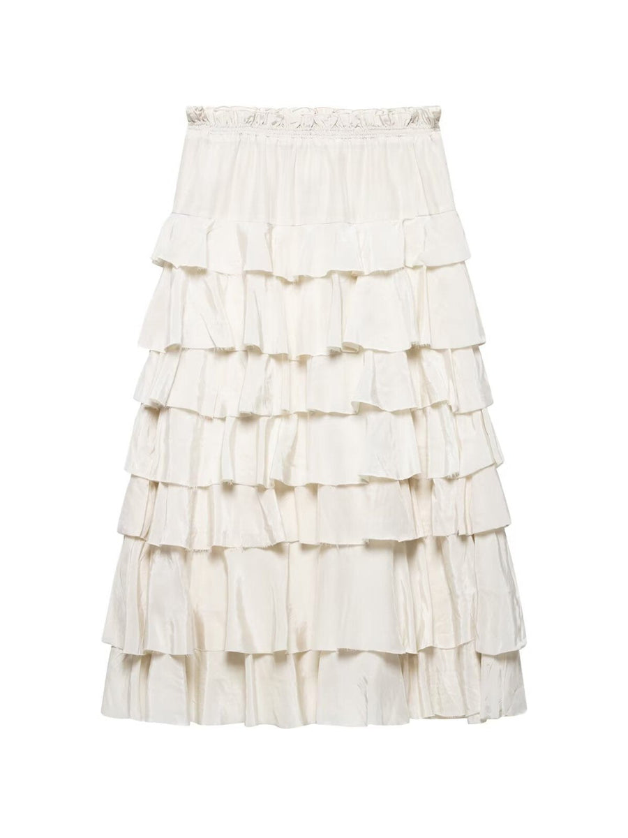 Kara Skirt with Elastic Waist and Ruffles in Khaki
