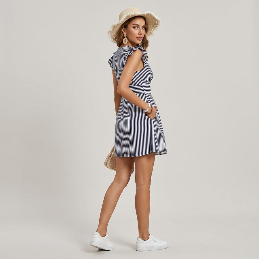Kara Striped Ruffle Mini Dress in Navy Blue