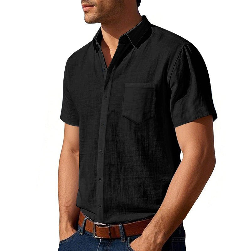 Karel Linen Shirt with Button Front and Chest Pocket in Black