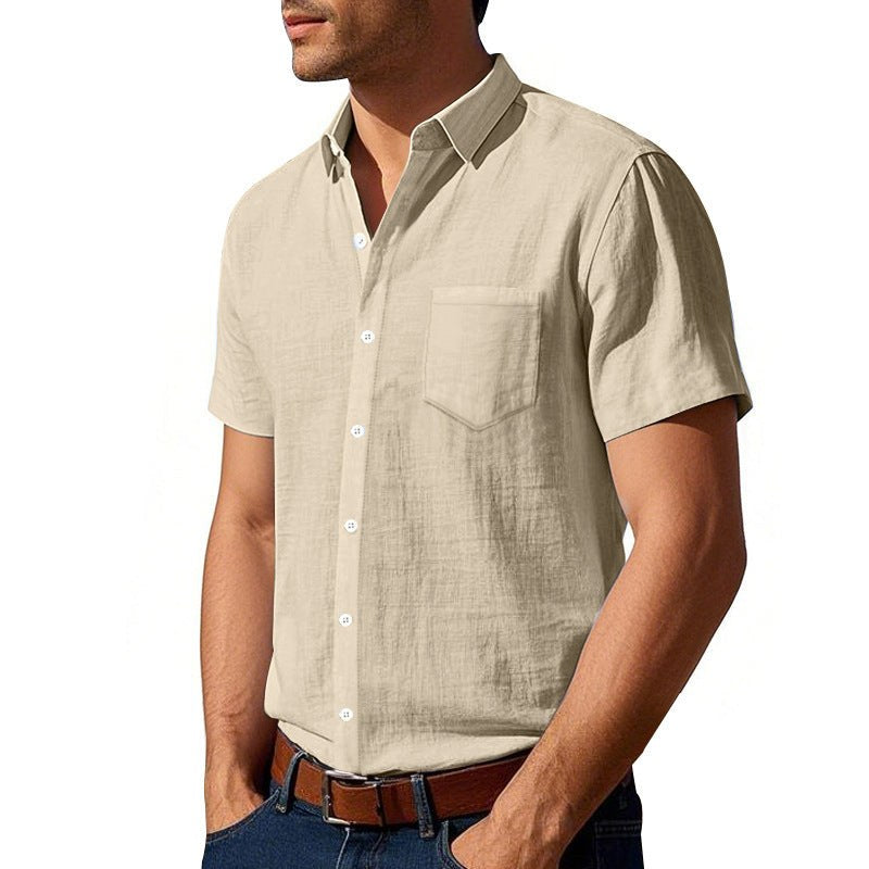 Karel Linen Shirt with Button Front and Chest Pocket in Khaki