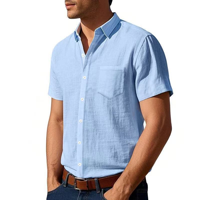 Karel Linen Shirt with Button Front and Chest Pocket in Light Blue