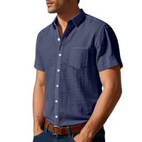 Karel Linen Shirt with Button Front and Chest Pocket in Marinr&Blau