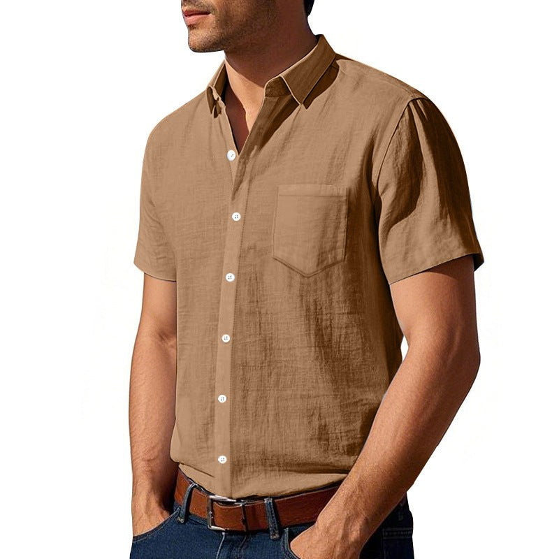 Karel Linen Shirt with Button Front and Chest Pocket in Ochre