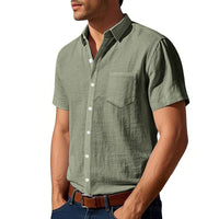 Karel Linen Shirt with Button Front and Chest Pocket in Olive Green