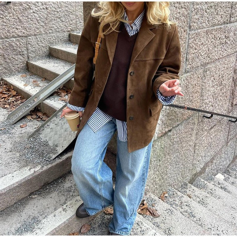 Katia Casual Leather Jacket with Oversized in Brown