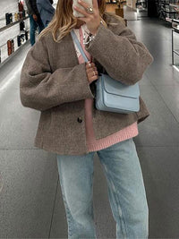 Katia Casual Leather Jacket with Oversized in Graubraun