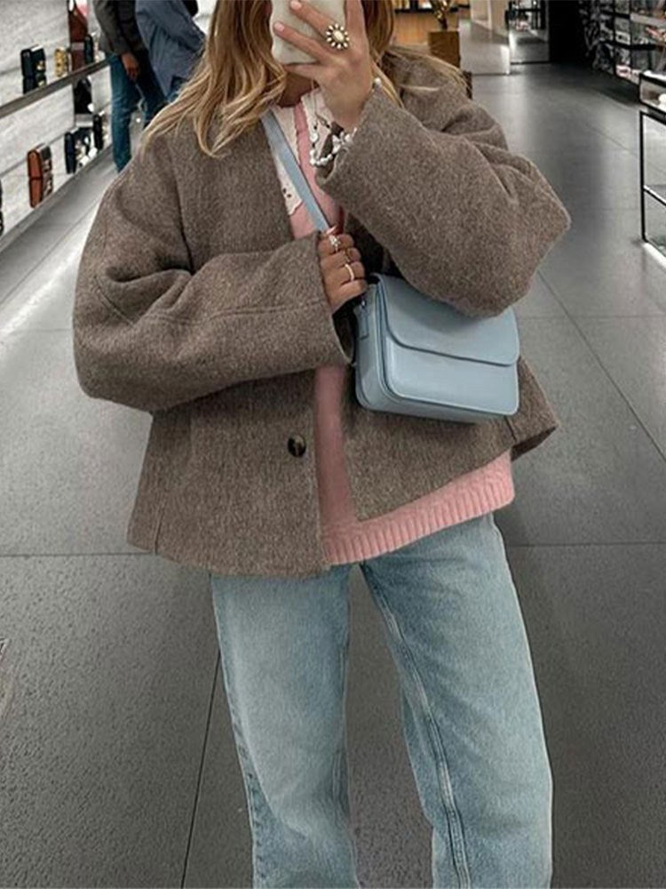 Katia Casual Leather Jacket with Oversized in Graubraun