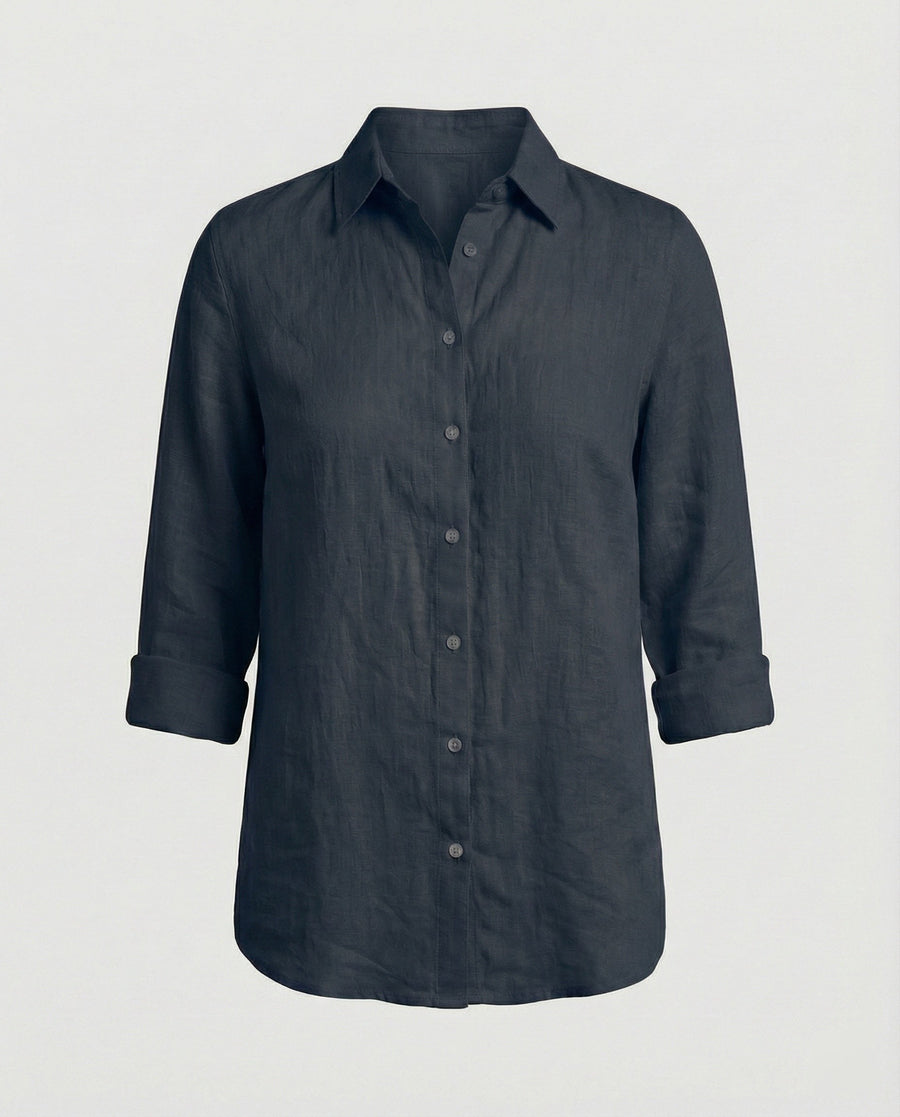 Katia Casual Linen Blouse with Button Front in Black