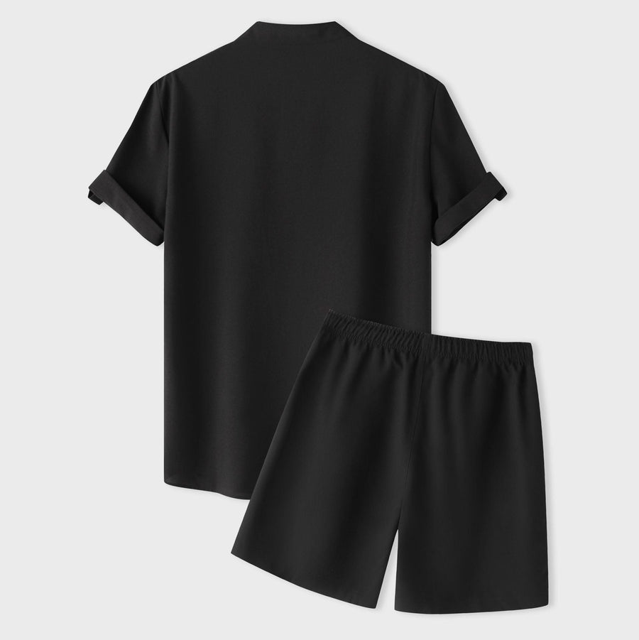 Katja Breathable Set with Short Sleeve and Elastic Waist in Black