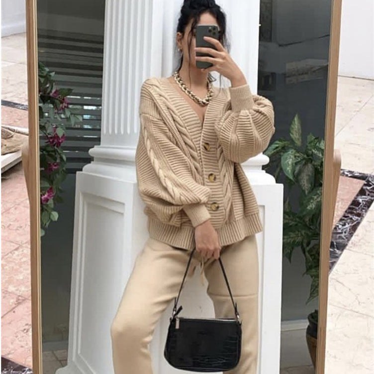 Katja Knit Cardigan with Button Front in Camel
