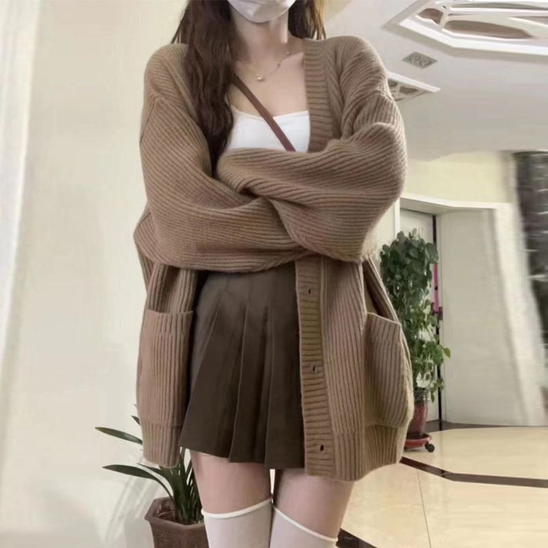 Keira Casual Knit Cardigan with Pockets in Brown