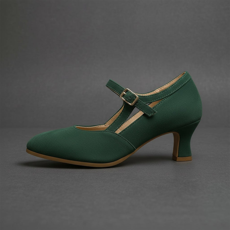 Kelly T-Strap Kitten Pump in Emerald