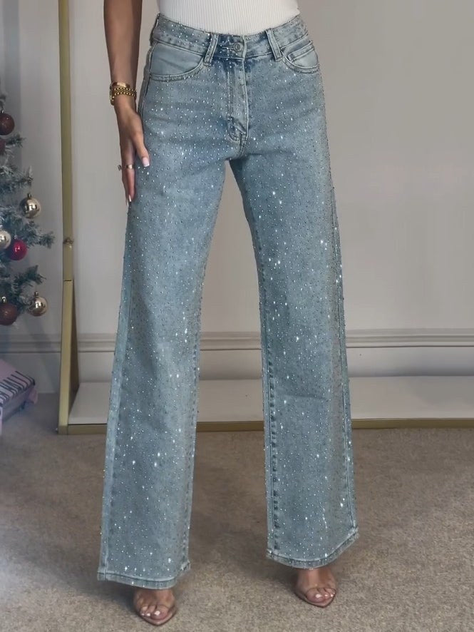 Kerenza Women's Rhinestone Wide Leg Jeans in Light Blue