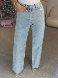 Kerenza Women's Rhinestone Wide Leg Jeans in Light Blue