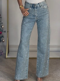 Kerenza Women's Rhinestone Wide Leg Jeans in Light Blue