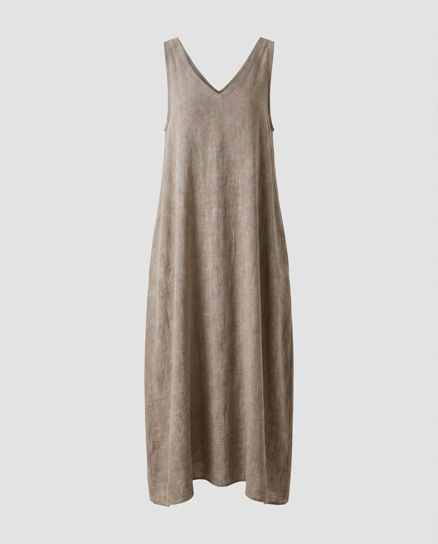 Kerstin Linen Dress with V-Neck in Khaki