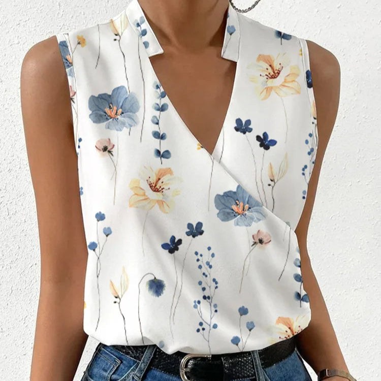 Kimara Women's Floral V-Neck Sleeveless Blouse in Blue