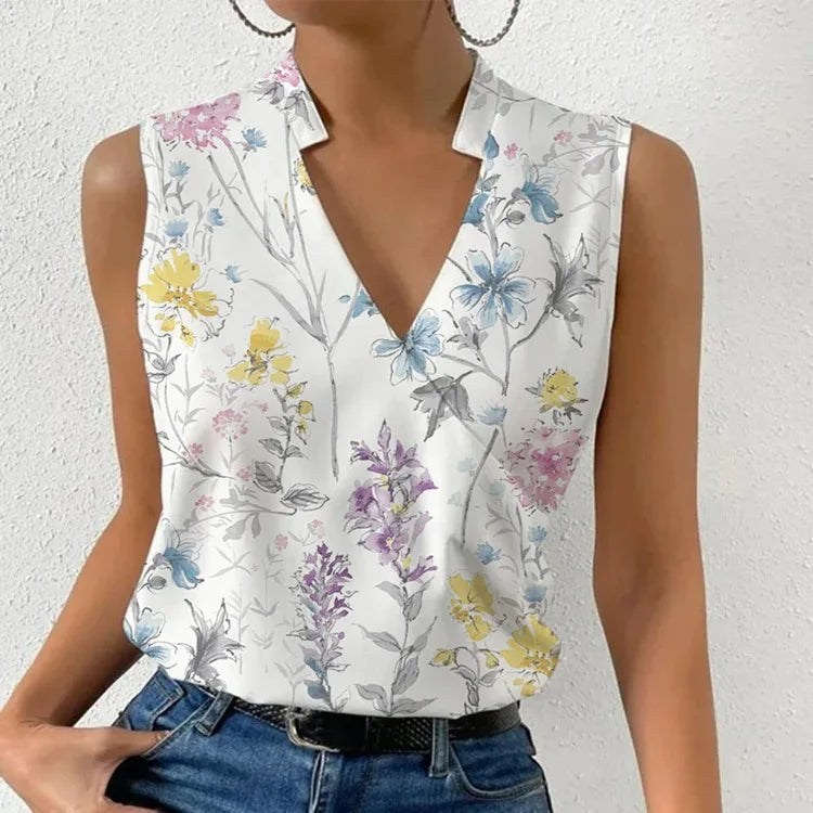 Kimara Women's Floral V-Neck Sleeveless Blouse in Multicolour