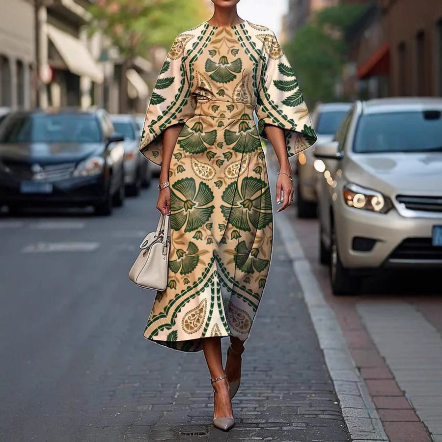 Kindra Women's Batwing Sleeve Midi Dress Abstract Print in Beige Green