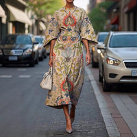 Kindra Women's Batwing Sleeve Midi Dress Abstract Print in Beige