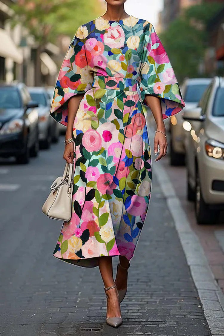Kindra Women's Batwing Sleeve Midi Dress Abstract Print in Floral