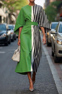 Kindra Women's Batwing Sleeve Midi Dress Abstract Print in Green Stripe