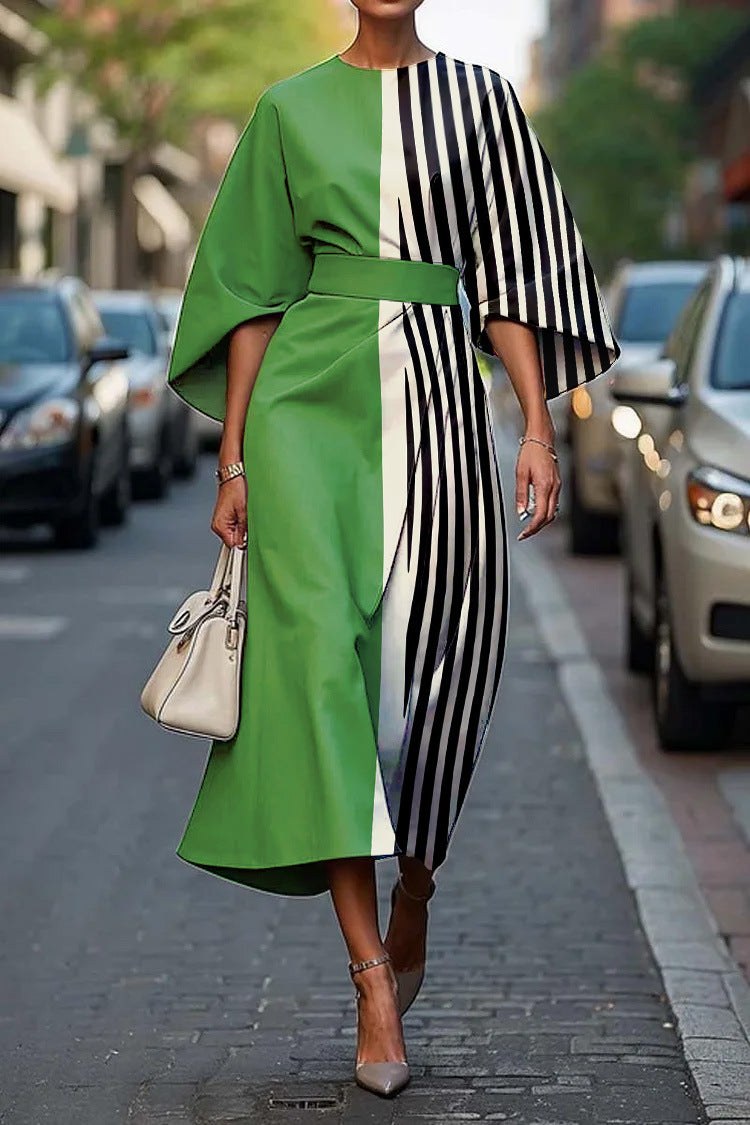 Kindra Women's Batwing Sleeve Midi Dress Abstract Print in Green Stripe