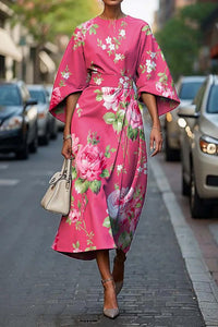 Kindra Women's Batwing Sleeve Midi Dress Abstract Print in Pink