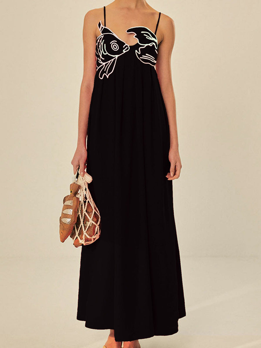 Koi Women's Embroidered Spaghetti Strap Maxi Dress Empire Waist in Black