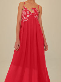Koi Women's Embroidered Spaghetti Strap Maxi Dress Empire Waist in Red