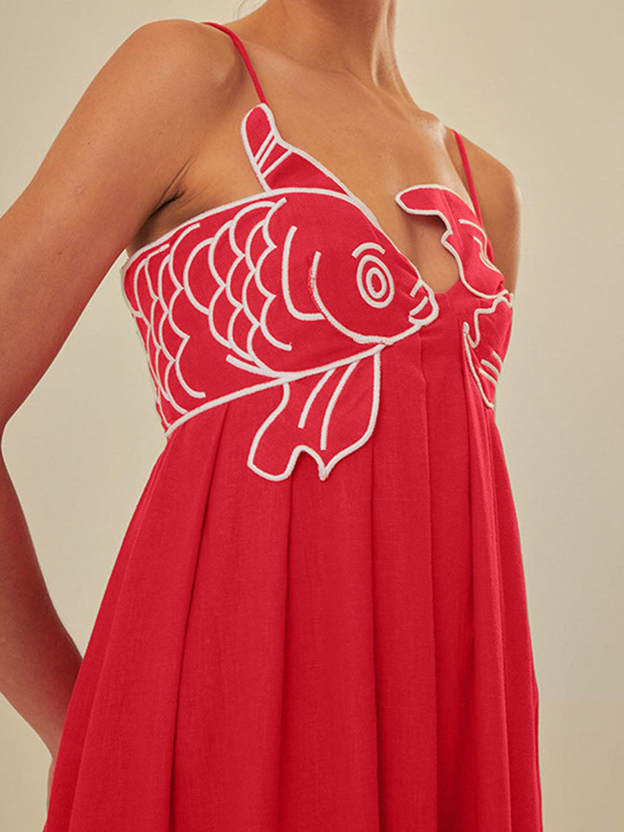 Koi Women's Embroidered Spaghetti Strap Maxi Dress Empire Waist in Red