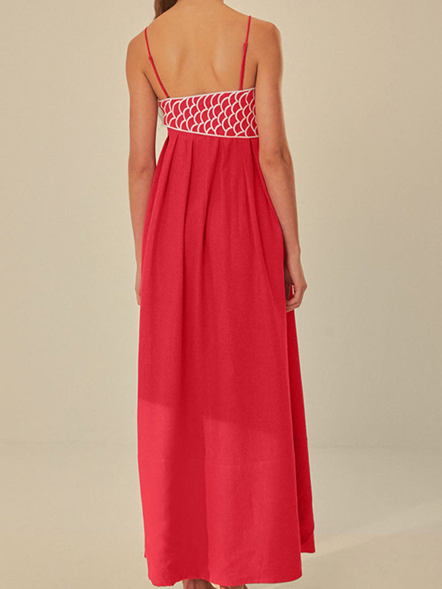 Koi Women's Embroidered Spaghetti Strap Maxi Dress Empire Waist in Red