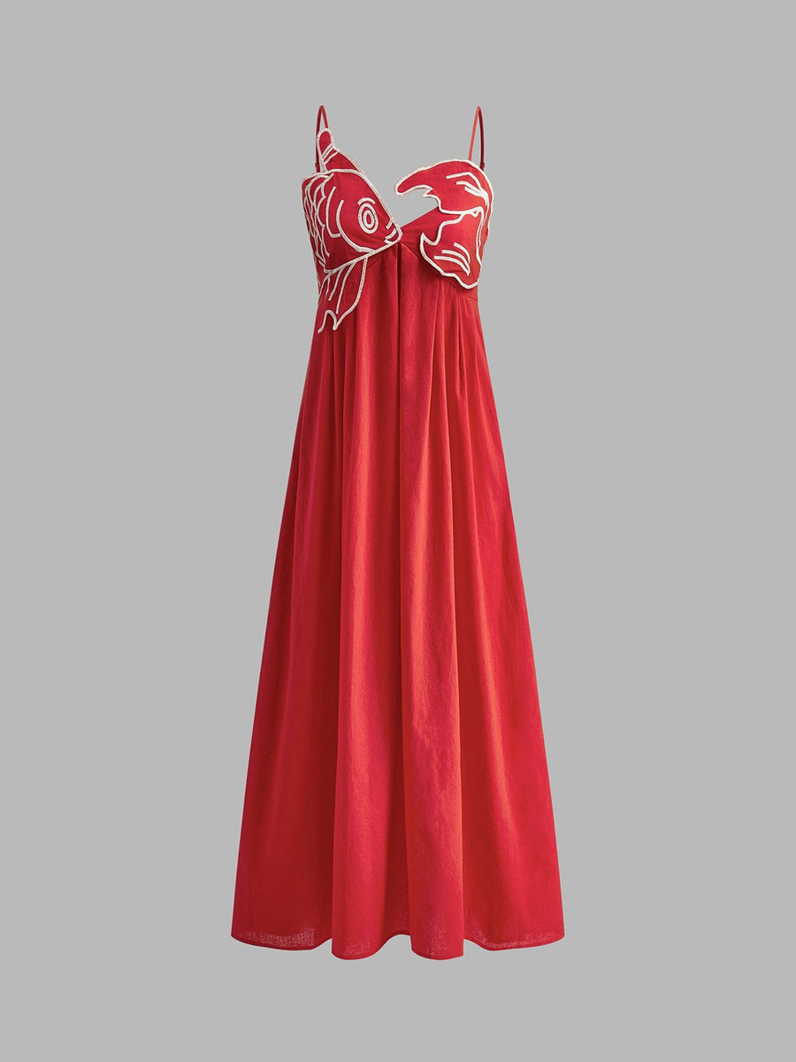 Koi Women's Embroidered Spaghetti Strap Maxi Dress Empire Waist in Red