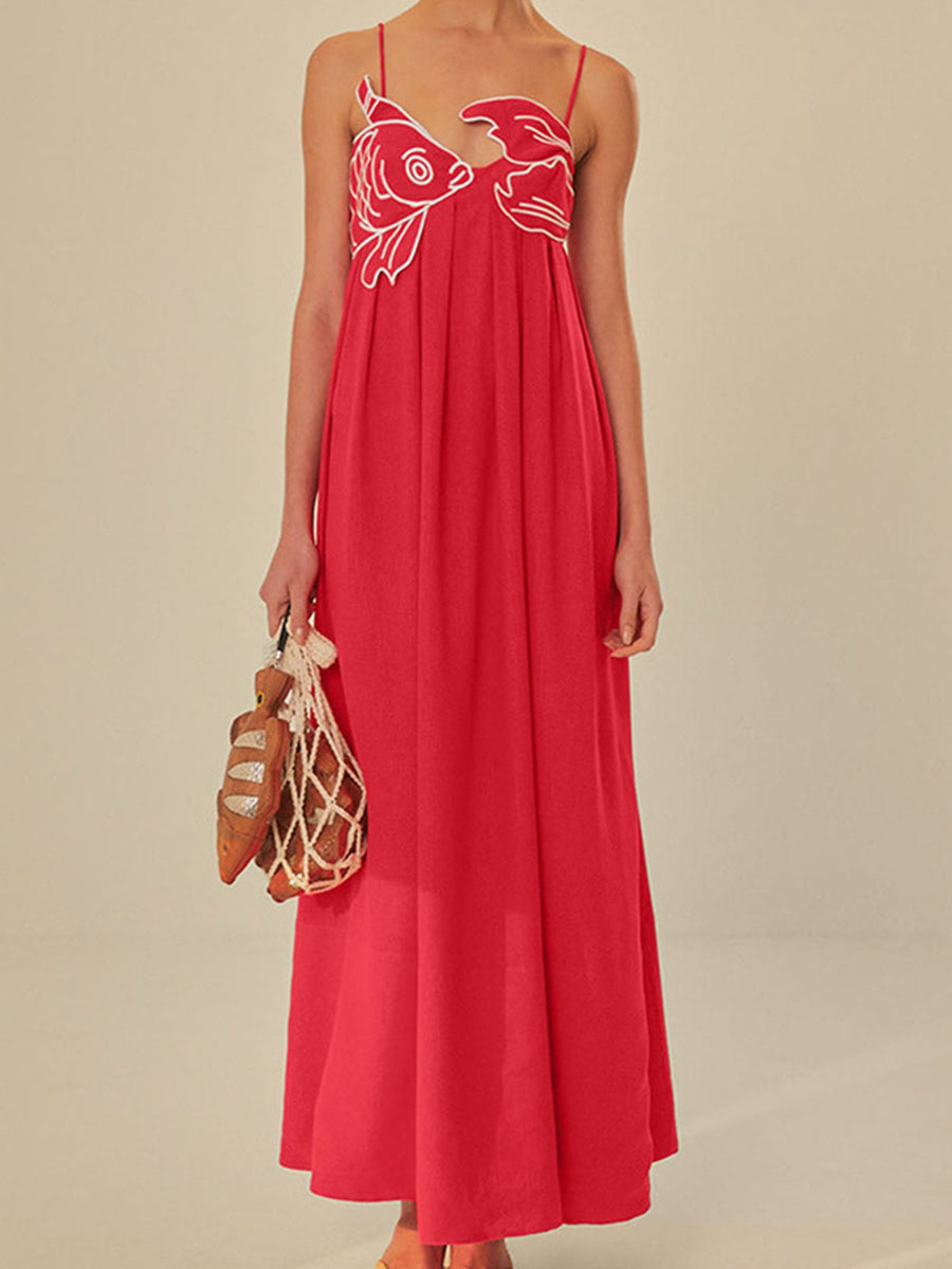 Koi Women's Embroidered Spaghetti Strap Maxi Dress Empire Waist in Red
