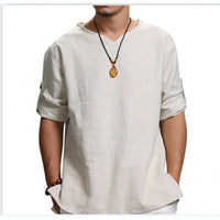 Konrad Lightweight Linen Shirt with V-Neck in Beige
