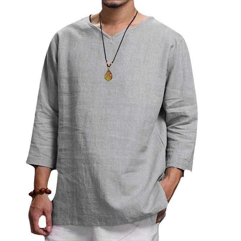 Konrad Lightweight Linen Shirt with V-Neck in Black