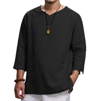 Konrad Lightweight Linen Shirt with V-Neck in Black