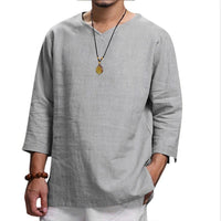 Konrad Lightweight Linen Shirt with V-Neck in Grey