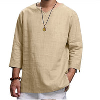 Konrad Lightweight Linen Shirt with V-Neck in Khaki