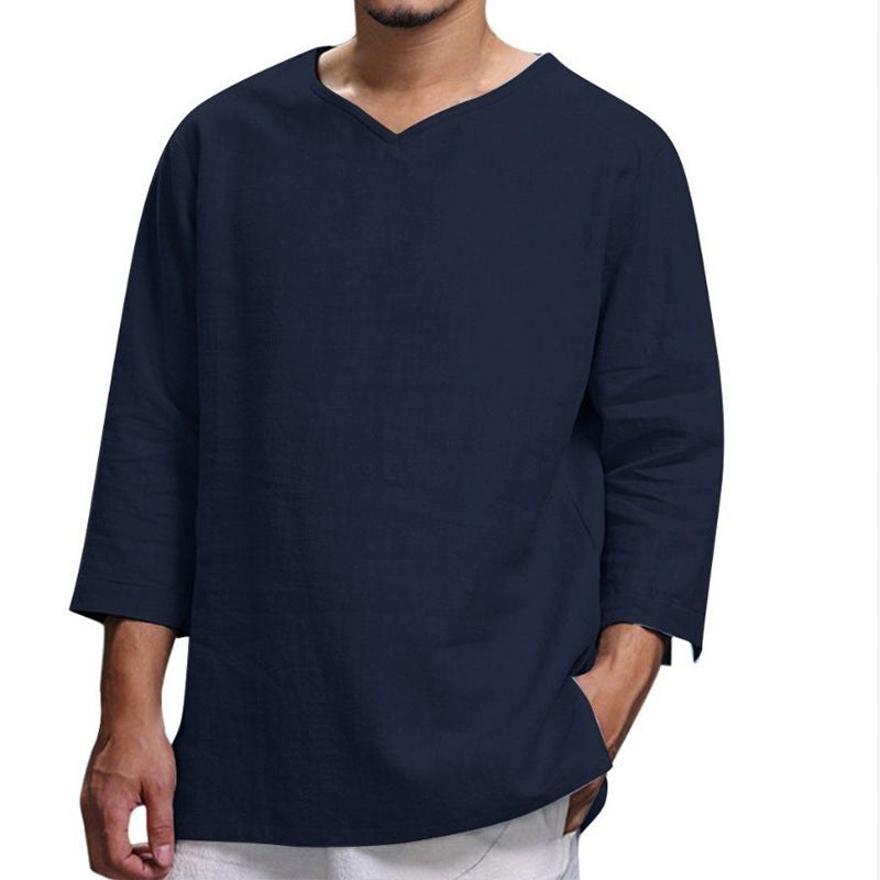 Konrad Lightweight Linen Shirt with V-Neck in Navy