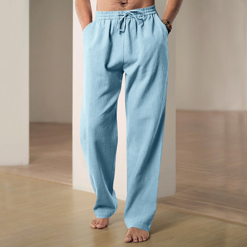 Konrad Linen Trousers with Elastic Waist and Side Pockets in Light Blue